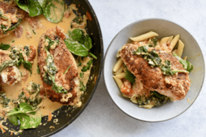 Poached chicken, baby spinach and dry