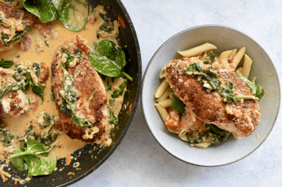 Poached chicken, baby spinach and dry